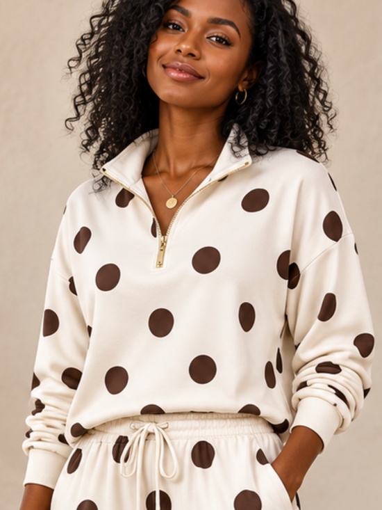Zenana Outfitters Sweaters - Zenana Cream Brown Polka Dot Quarter Zip Pullover Top